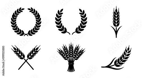 Wheat ear icons set, black cereal grain silhouettes, 6 organic barley wreath vectors