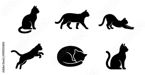 Black cat silhouette icons, 6 feline vector elements, domestic cat poses set