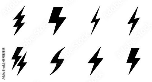 Lightning bolt icon set, black thunderbolt symbols, 8 electric power vector elements