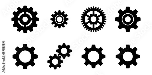 Industrial gear icons, black mechanical cogwheel set, 8 engineering vector elements