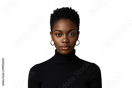 Young adult black woman with short hair and a serious expression, facing the camera directly, featuring a transparent background