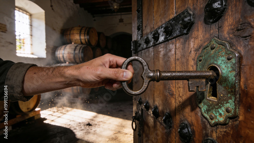 Close-up of a man's hand turning an antique iron key in a wooden door lock with wine barrels in a sunlit cellar background