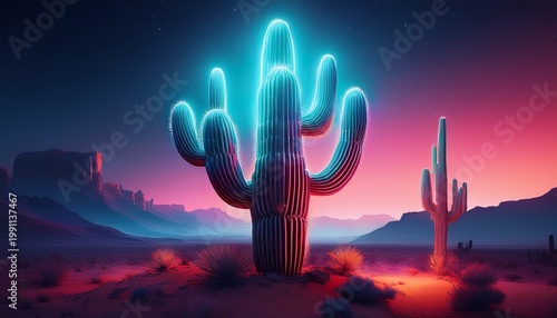 glowing neon cactus in a desert landscape at night with foggy atmosphere