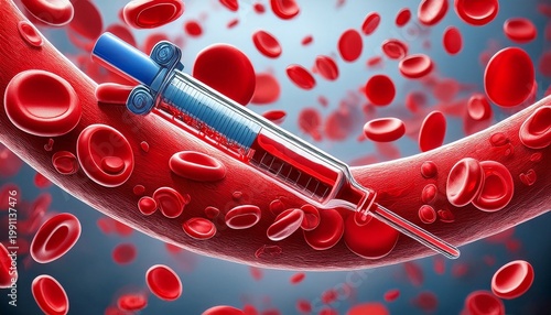 red blood cells flowing inside a vein and syringe injects red fluid into the bloodstream
