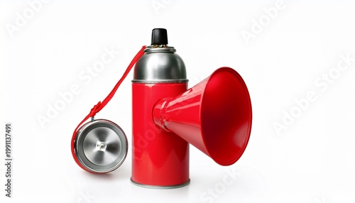red air horn attached to blank aerosol can isolated on white loud safety signal for sports events boating and emergency alert concepts