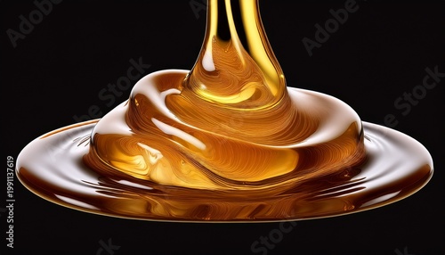 single drop of golden honey or oil liquid falling slowly detailed closeup isolated on