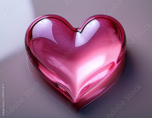 a pink heart with a glossy surface shiny appearance and reflections resembling glass or jelly