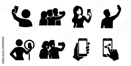 Selfie icon set, people taking photos with smartphones, 8 mobile vector icons