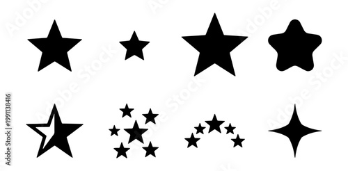Black star icons set, minimalist rating symbols, 8 vector star shapes