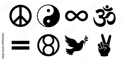 Universal peace symbols set, 8 black icons, spiritual harmony vector