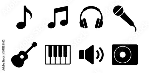 Music icon set, black audio symbols, 8 vector musical elements