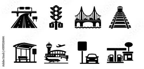 Transportation infrastructure icons, 8 travel vector symbols, logistics set