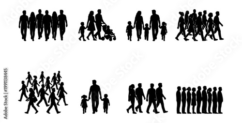 People silhouettes set, walking crowd vector, family and group icons