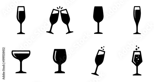 Champagne glass icons, 8 black wine glass vectors, toast and drink symbols