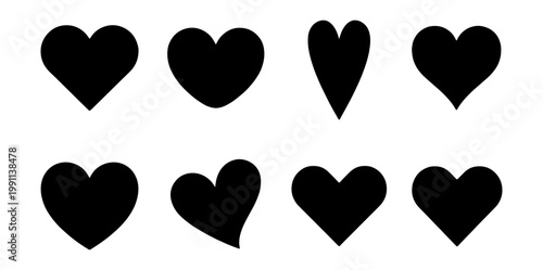 Black heart silhouettes, 8 romantic icons set, minimalist love vector