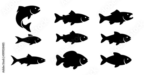 Salmon fish silhouette set, 9 trout icons, black aquatic animal vectors