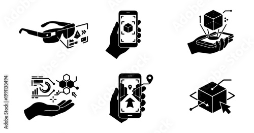 Augmented reality icons set, 6 AR technology vectors, mobile app UI