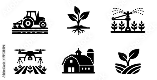 Agriculture icon set, smart farming symbols, 6 black vector icons