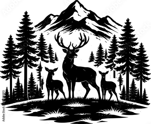 Mountain deer family landscape with buck and fawns vector silhouette illustration cricut eps