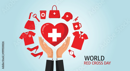 World red cross day illustration hands holding humanitarian aid and a heart