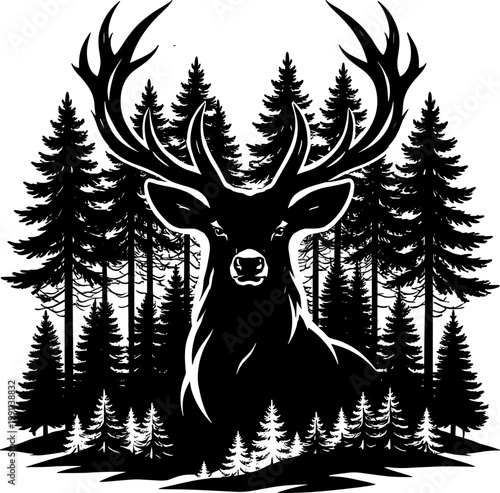Deer buck head in pine forest wilderness vector silhouette illustration for hunting cricut eps