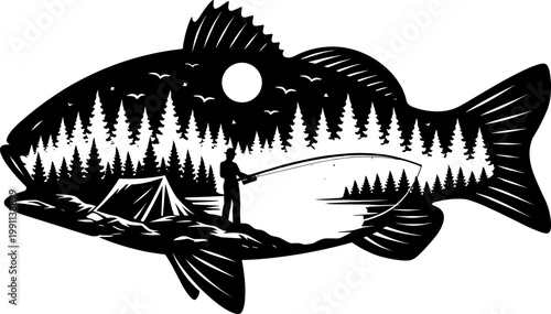 Double exposure bass fish silhouette with camping and fishing scene vector illustration cricut eps