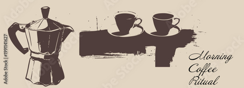 Vintage coffee banner with moka pot and cups. Hand-drawn sketch style for retro cafe menu and breakfast branding.