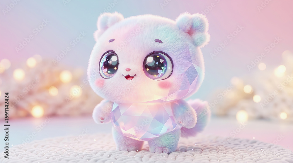 Fototapeta premium Cute glowing crystal cat toy with big eyes standing on soft white rug against pink bokeh background