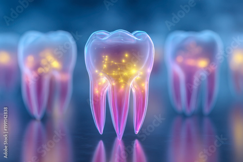 Digital illustration of tooth anatomy featuring glowing nerve connections and roots with a futuristic and translucent design on a reflective surface