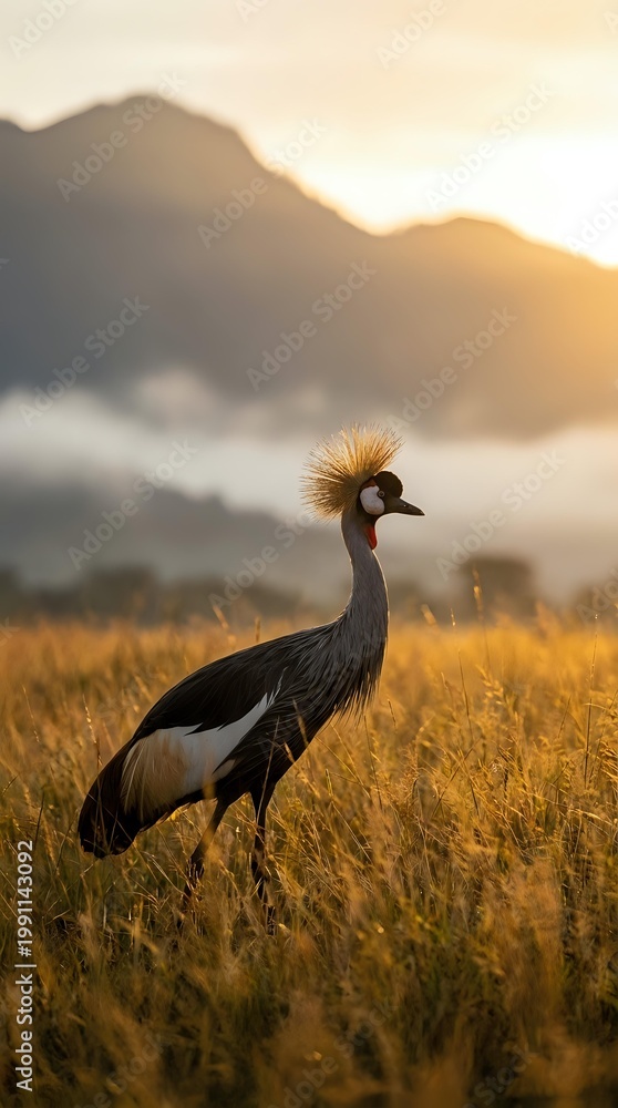 Fototapeta premium Crowned crane standing in golden grassland at sunset with mountains in background, wildlife photography showcasing African bird species in natural habitat.