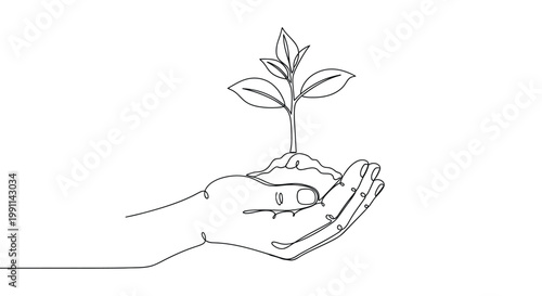 Hand cradling a small plant with leaves growing out of the soil in a nurturing gesture