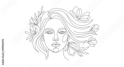 Minimalist line drawing of a woman's face adorned with flowers in her hair