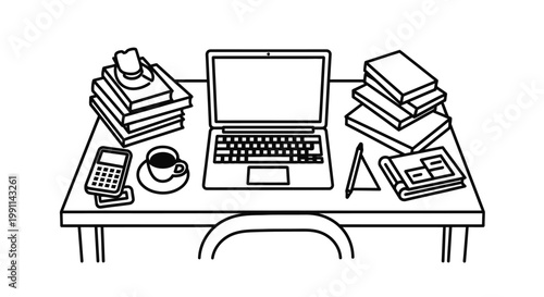 A cluttered desk with a laptop computer and piles of books and papers on it daily