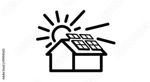 Solar panels on a house with sun rays shining down