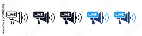 Live streaming megaphone icon set featuring a "LIVE" tag and sound waves in outline solid , representing broadcasting, announcement, media, breaking news, and real time communication icons