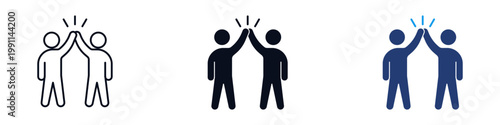 Team celebration icon set showing two people giving a high five , representing teamwork, success, achievement, partnership, and positive workplace collaboration. outline and solid icons