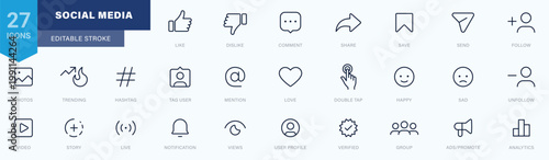 Social media icon set. social media post interactions, notification icons including like, comment, share, heart, mention, follow minimal thin line web icon set. Outline icons collection set