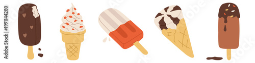 colorful collection of  ice cream stick and cones on soft background in flat cartoon style.  bright summer sweets for kids design, packaging, scrapbooking, stickers, textile and print.