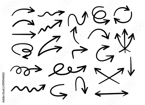 Hand drawn arrow icon symbol set with sketch style lines showing directions, curves, swirls, and motion, perfect for navigation, wavy, flow, and creative and informal designs