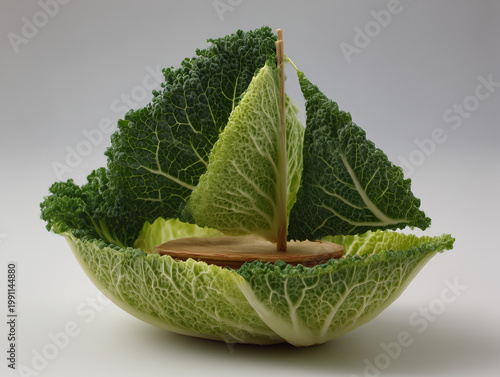 Cabbage leaf sailboat representing healthy eating and journey