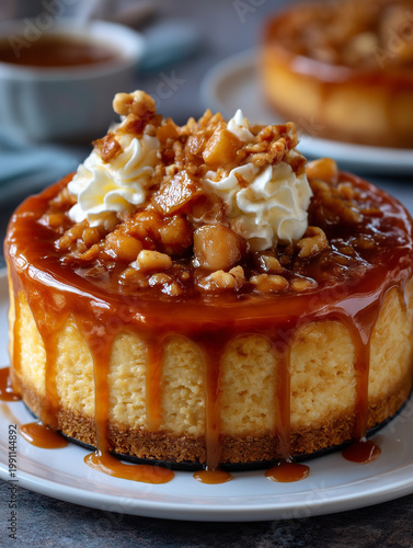 Caramel apple cheesecake with whipped cream and walnuts