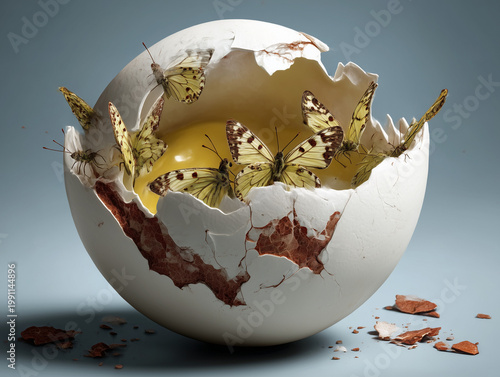 Butterflies emerging from cracked egg shell symbolizing rebirth
