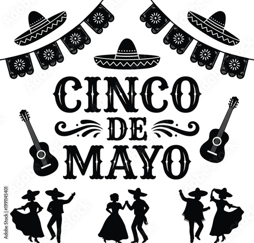 Cinco de Mayo celebration with traditional elements and dancing figures for mexico holiday
