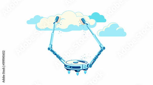 Robotic Cleaner with Arms Cleans Clouds and Air with Brushes