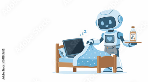Robot Providing Digital Oil and Tucking a Sleeping Laptop into Bed for Maintenance and Care