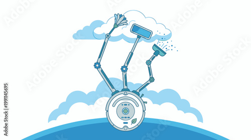 Robot Smart Home Cleaner with Multiple Arms Demonstrating Advanced Automated Cleaning Technology