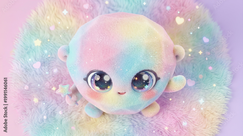 Fototapeta premium Cute pastel rainbow plush toy with large eyes resting on fluffy cloud like background with sparkles and hearts