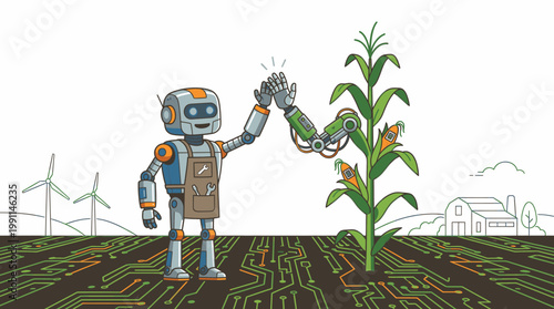 Robot and Corn Plant High Five Future Farming Automation Technology