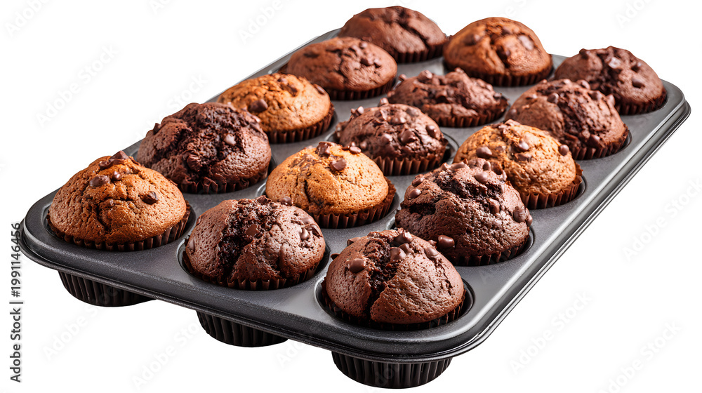 Fototapeta premium Delicious assorted mini chocolate muffins in a baking tray. 