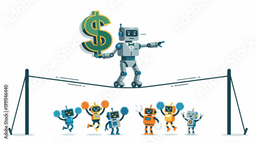 Robot Balancing on Tightrope Holding Dollar Sign with Cheering Robots Below